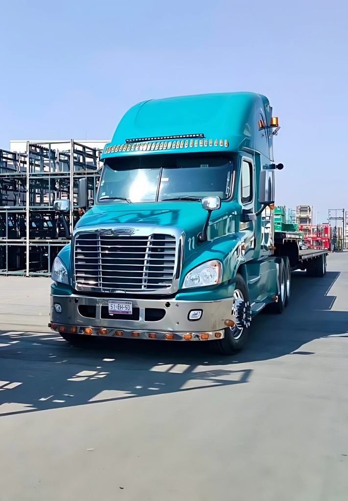 Tractocamión Freightliner Cascadia azul de la flota de Transmova, especialista en transporte de carga y soluciones de logística integral en todo México.