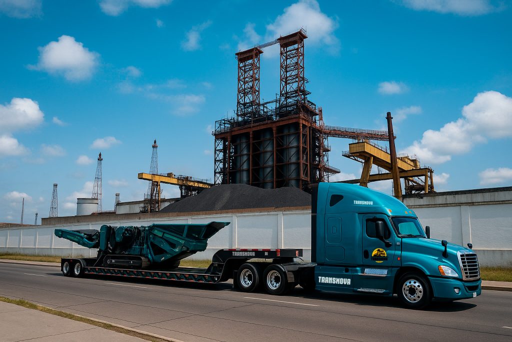 Camión de TRANSMOVA transportando maquinaria pesada frente a una planta industrial.
